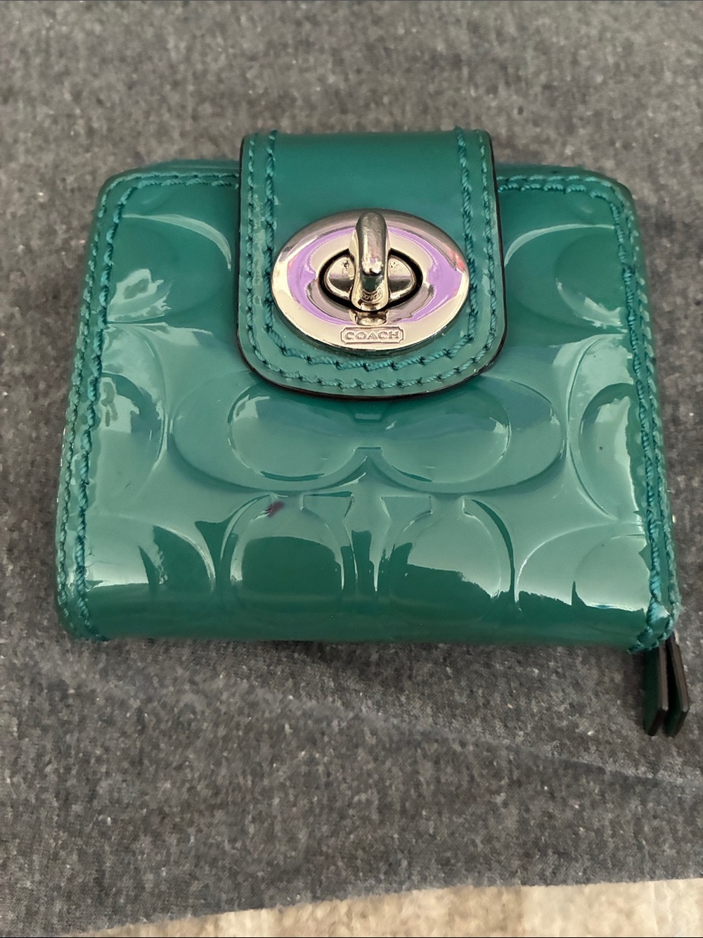 Coach Teal Patent Leather Compact Wallet with Turnlock Accent